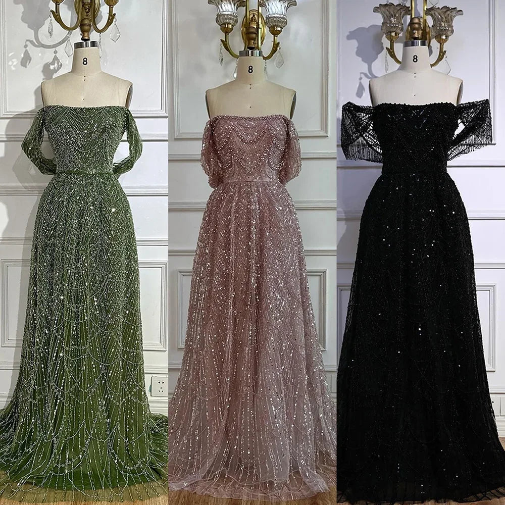 Serene Hill 2025 Customized Dubai Olive Green A Line Off Shoulder Evening Dresses With Pearl Beaded Design For Party DLA72738A
