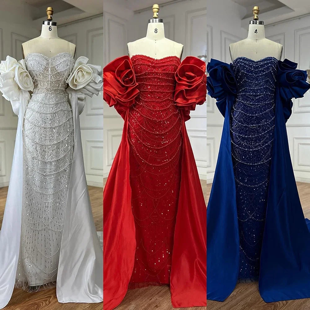 Serene Hill Red Strapless Mermaid Pearls Beaded Evening Dresses with Long Cape Wedding Party Gowns 2025 DLA72585A Customized