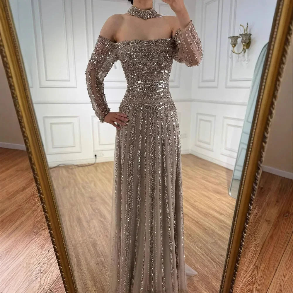 Elegant Caramel Beaded Off Shoulder Evening Dress with Long Sleeves for Formal Party Serene Hill 2025 Customized DLA73053