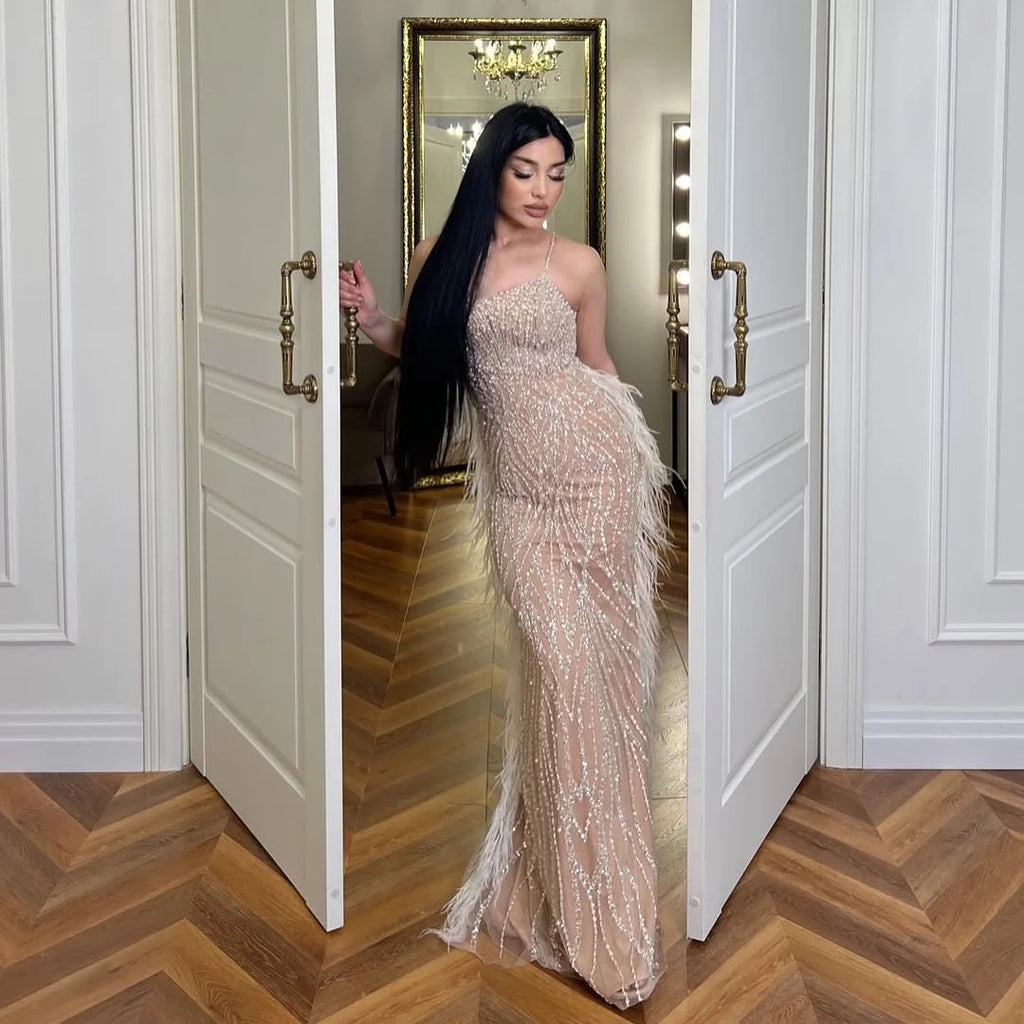 Serene Hill White Nude Spaghetti Strap Feathers Beaded Mermaid Evening Dress Party Gown for Women DLA72823 Customized