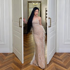 Serene Hill White Nude Spaghetti Strap Feathers Beaded Mermaid Evening Dress Party Gown for Women DLA72823 Customized