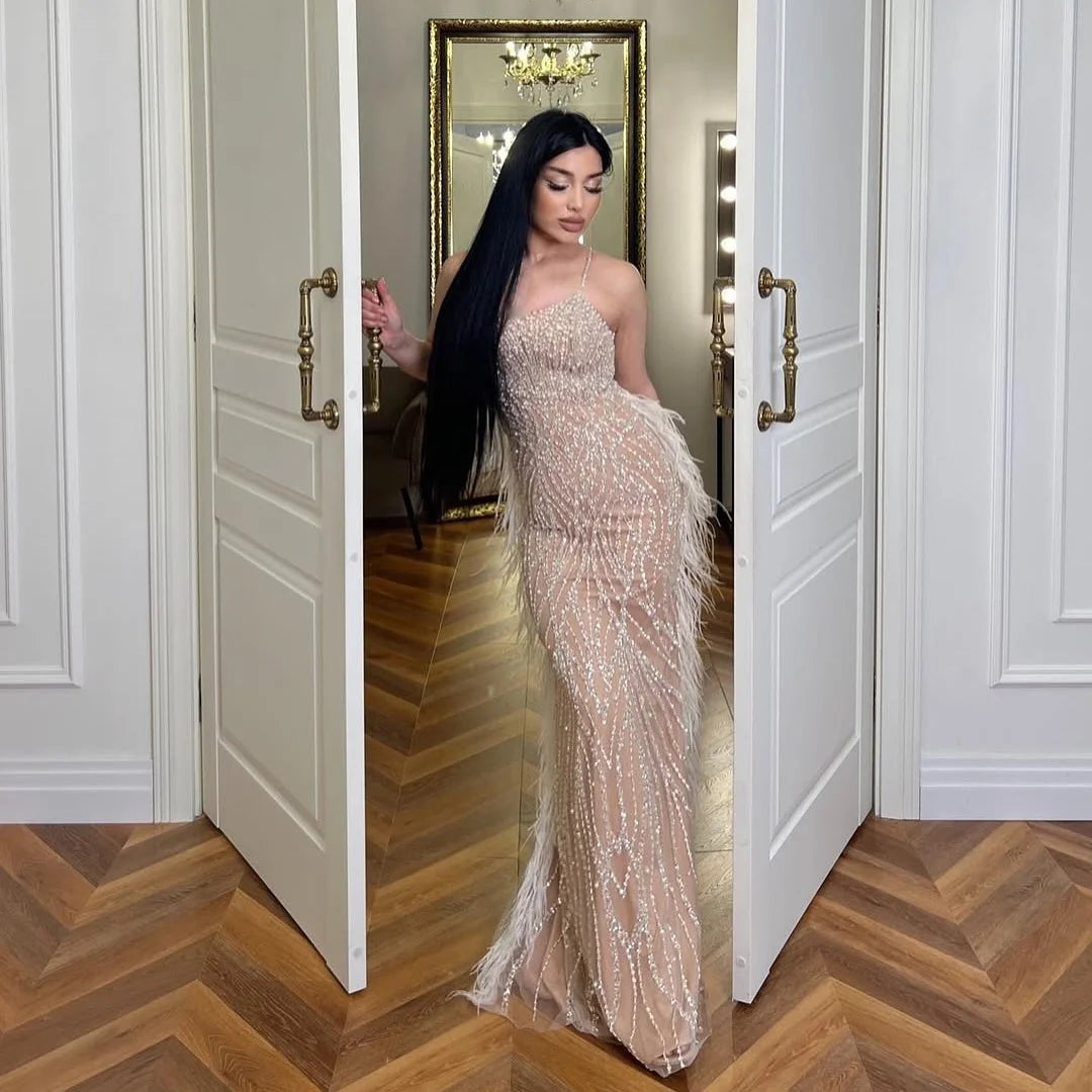 Serene Hill White Nude Spaghetti Strap Feathers Beaded Mermaid Evening Dress Party Gown for Women DLA72823 Customized