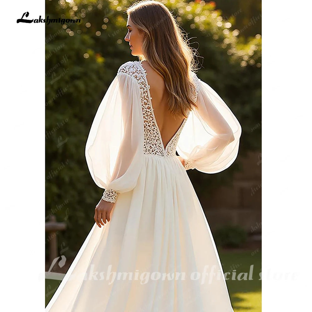 Lakshmigown Chiffon A Line V-Neck Court Train Ivory Wedding Dress with Lace vestido de novia para boda Customized