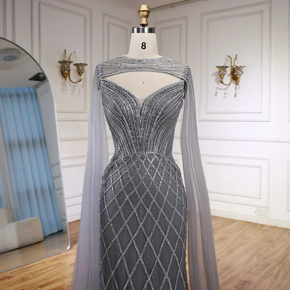 Abito da sera sirena con perline e mantella color nude lussuoso LA72814