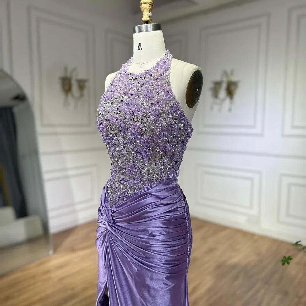 Serene Hill Customized 2025 Lilac Halter Side Slit Mermaid Evening Gown Wedding Party Bridesmaid Dress for Women DLA72668