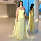Vestido de Noite de Sereia em Chiffão Amarelo de Luxo com Capa LA73007