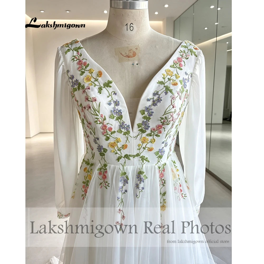 Lakshmigown Embroidery Flower Puff Sleeve Boho Wedding Dress Lace Up Back Chiffon Floor-length A-line Bridal Gown Customized