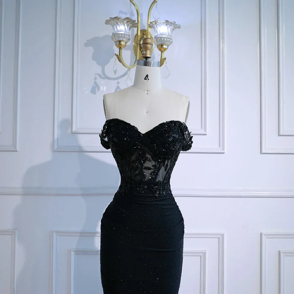 Vestido de Baile Preto Elegante de Alças Caídas com Renda LA72999