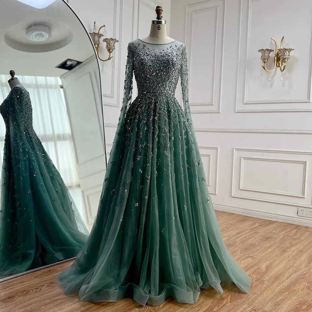 Serene Hill Turquoise A-line Beaded Evening Dress with Cape Sleeves Elegant Party Gowns for Women Customized DLA72965