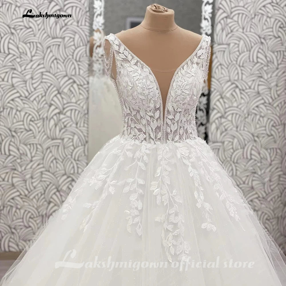 Lakshmigown V-Neck Wedding Dress with Beads Tassel Shoulders Illusion Long Bridal Dresses Lace Up Back Customized