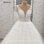 Lakshmigown V-Neck Wedding Dress with Beads Tassel Shoulders Illusion Long Bridal Dresses Lace Up Back Customized
