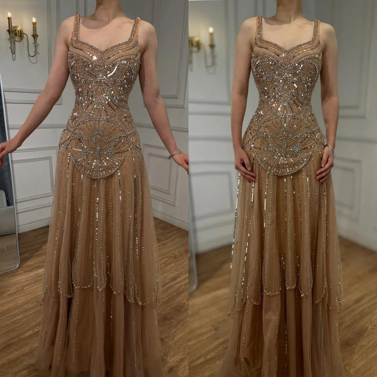 Serene Hill Customized 2026 Nude A-line Beaded Evening Dresses Luxury Party Gowns for Women DLA73189