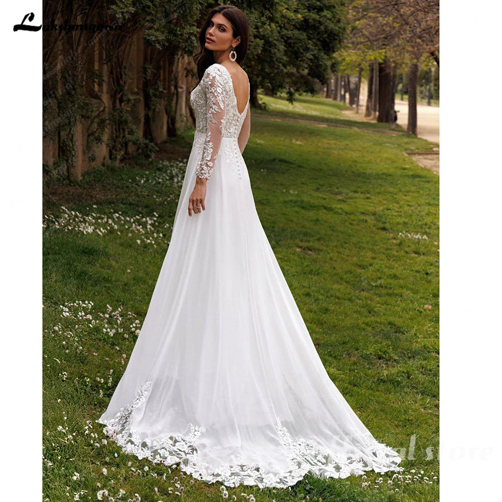 Lakshmigown Boho V-Neck Lace Chiffon Wedding Dress for Women 2026 New A-Line Sweep Train Long Sleeves Bride Gown Customized