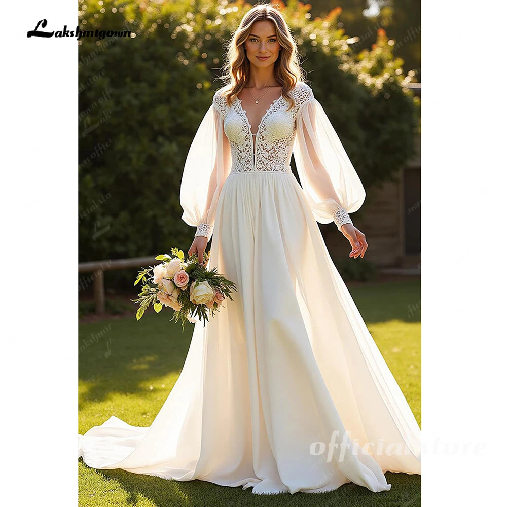 Nightbubo Chiffon A Line V-Neck Court Train Ivory Wedding Dress with Lace vestido de novia para boda Customized