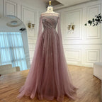 Serene Hill Pink A-line Evening Dress with Cape Sleeves Beaded Wedding Party Gowns for Women DLA72994 Customized