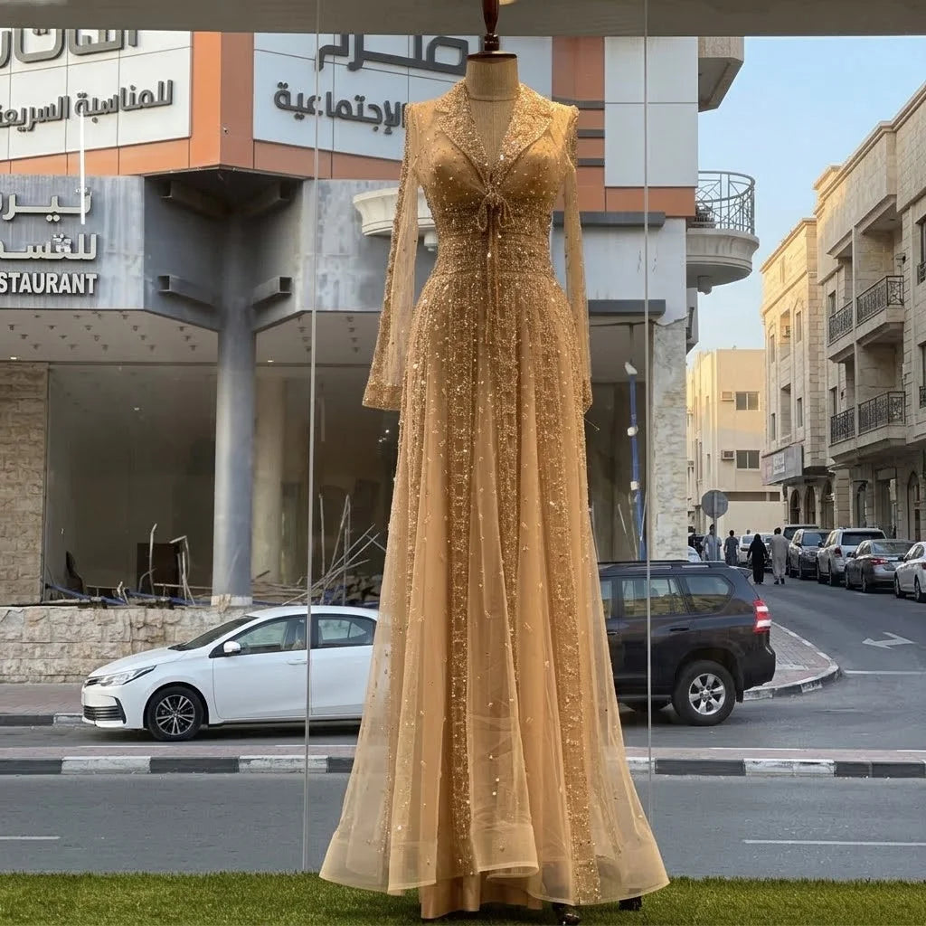Serene Hill Customized 2026 Lapel Collar Long Sleeve Evening Dress Luxury Beaded A-Line Modest Party Gowns DLA73663
