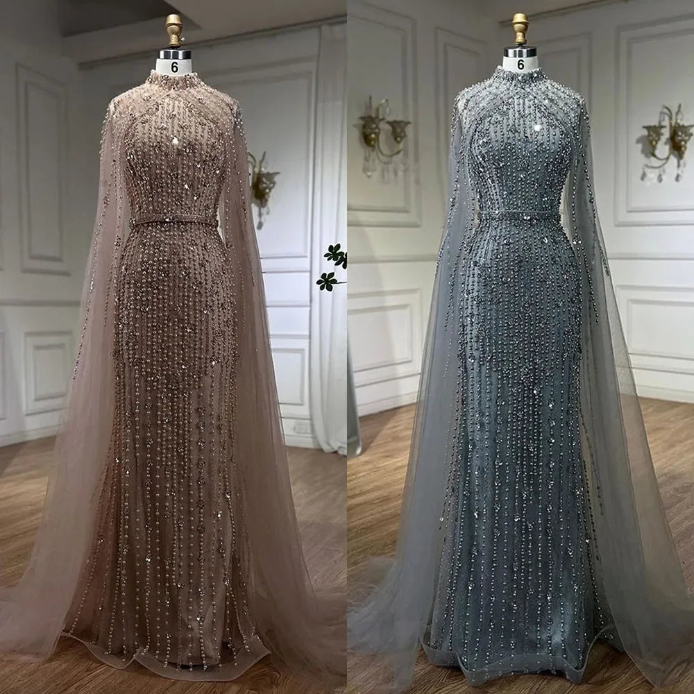 Dubai Grey Mermaid Cape Sleeves Pearls Beaded Elegant Evening Dresses Gowns 2025 Wedding Party DLA72372 Customized