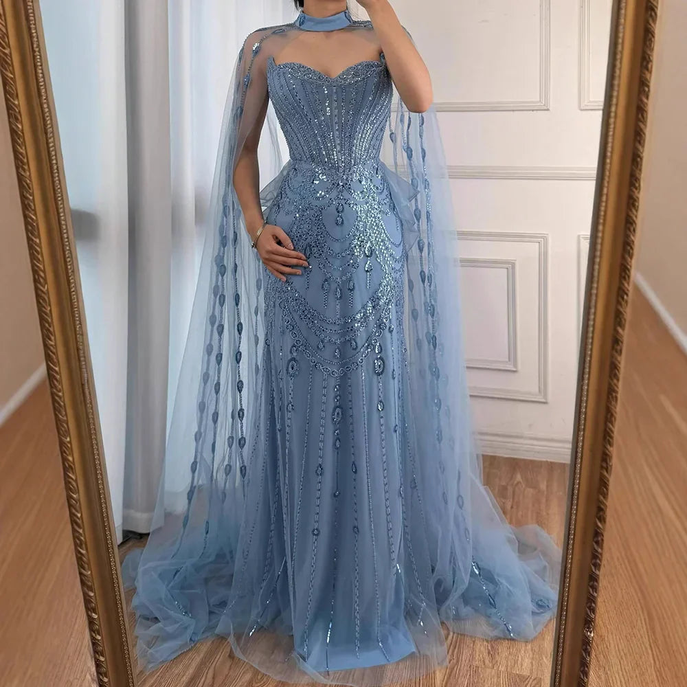 Abito da sera di lusso con paillettes blu, perline e maniche a mantello LA73108