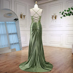 Abito da Ballo in Satin Verde Salvia di Lusso con Spacco LA73032