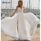 Lakshmigown Beach Wedding Dress Sexy Sleeveless V Neck See Through Lace Applique Chiffon A Line Split Bridal Gown Customized