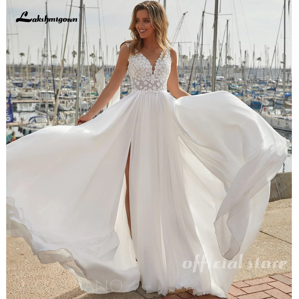 Lakshmigown Beach Wedding Dress Sexy Sleeveless V Neck See Through Lace Applique Chiffon A Line Split Bridal Gown Customized