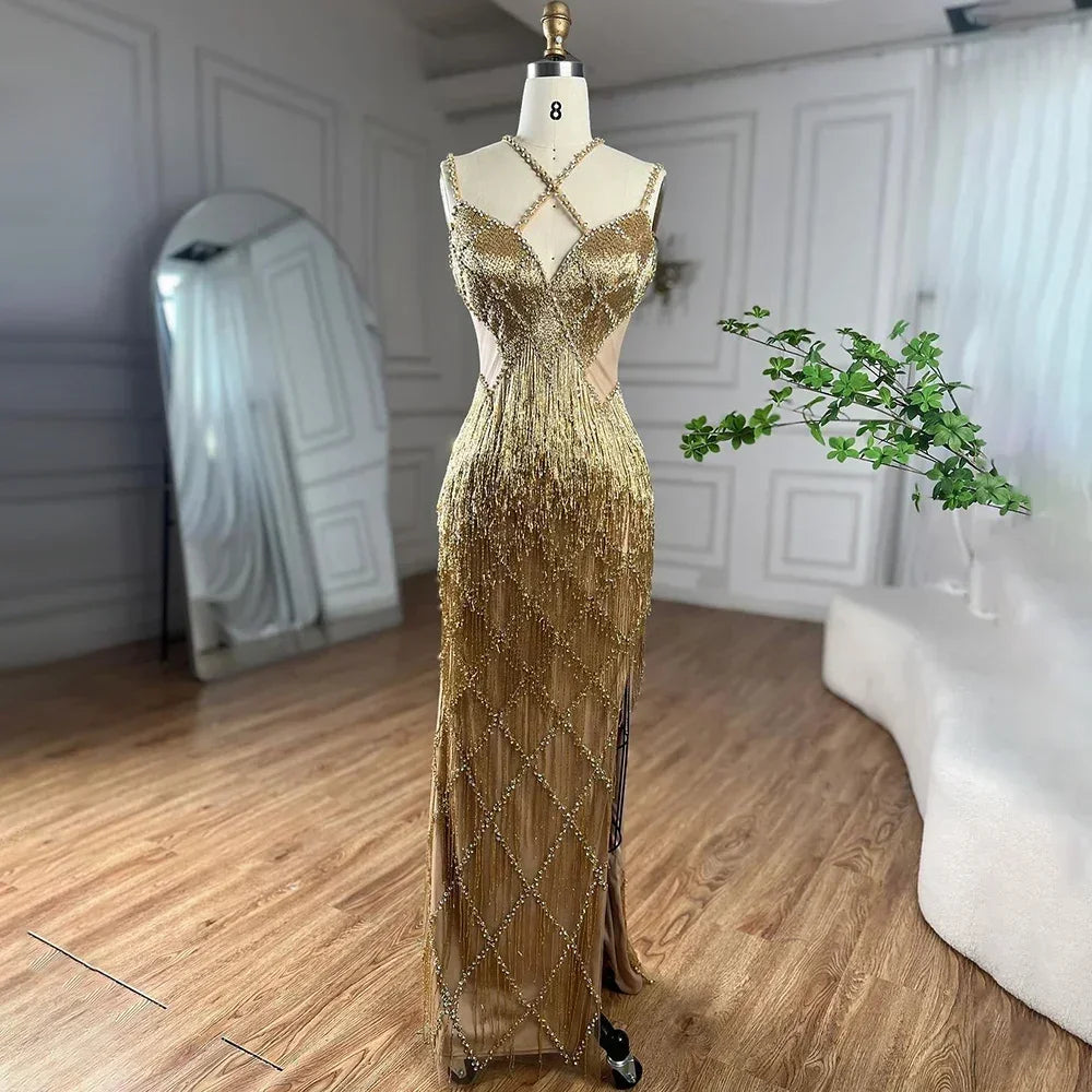 Serene Hill Silver Mermaid Gold Evening Gowns Luxury Beaded Tassel Spaghetti Strap Party Dresses For Women DLA72280 Customized