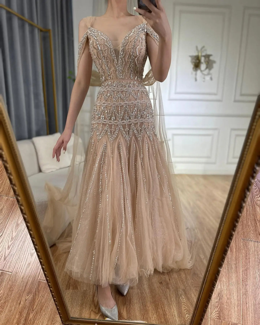 Serene Hill Customized 2025 Nude A-Line Midi Ankle Lengt Prom Dresses Glitter Beaded Evening Party Gowns for Women DLA71911