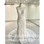 Lakshmigown Plunging V Bohemian Mermaid Wedding Dress 2027 Real Photos Lace Champagne Bridal Gown Spaghetti Straps Customized
