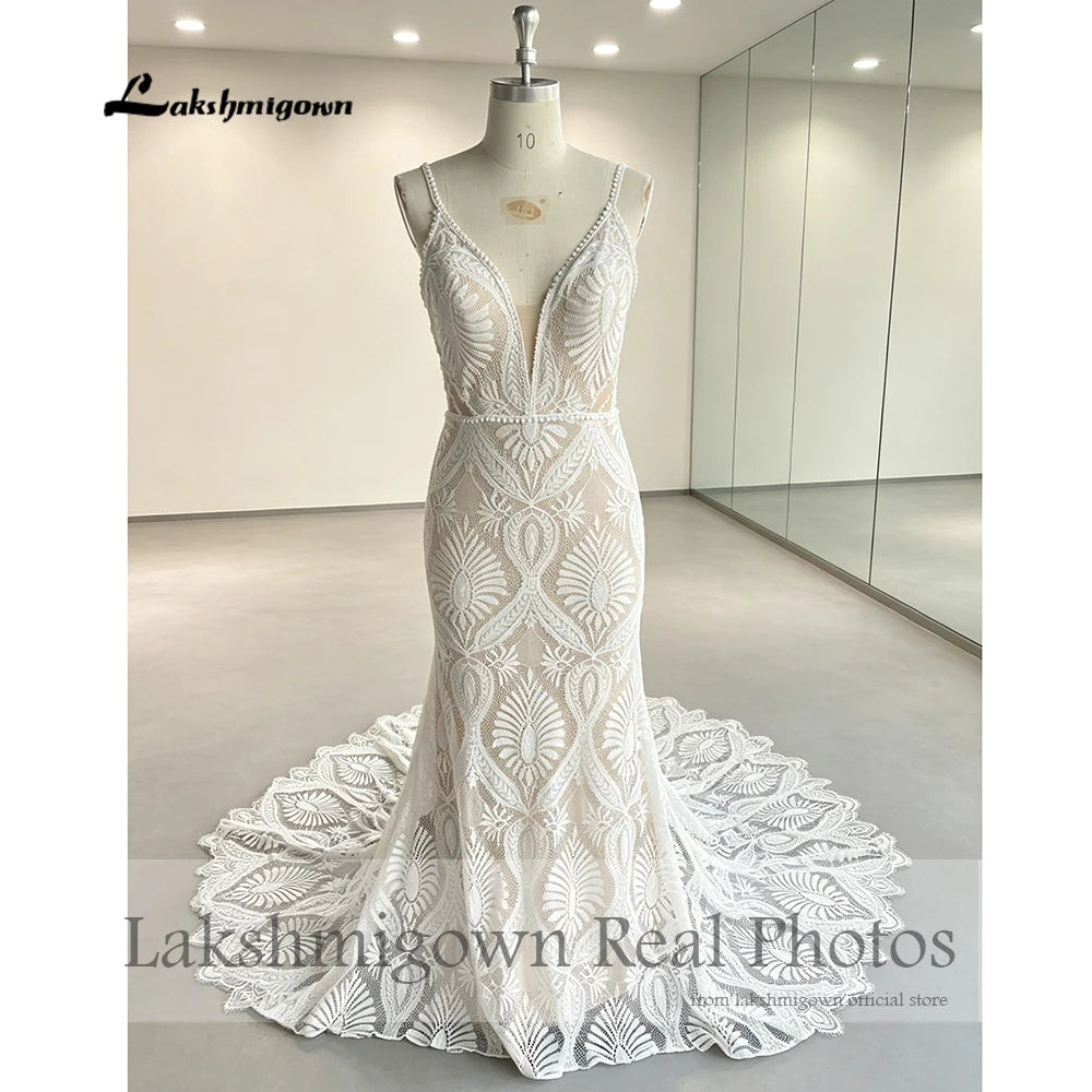Lakshmigown Plunging V Bohemian Mermaid Wedding Dress 2027 Real Photos Lace Champagne Bridal Gown Spaghetti Straps Customized