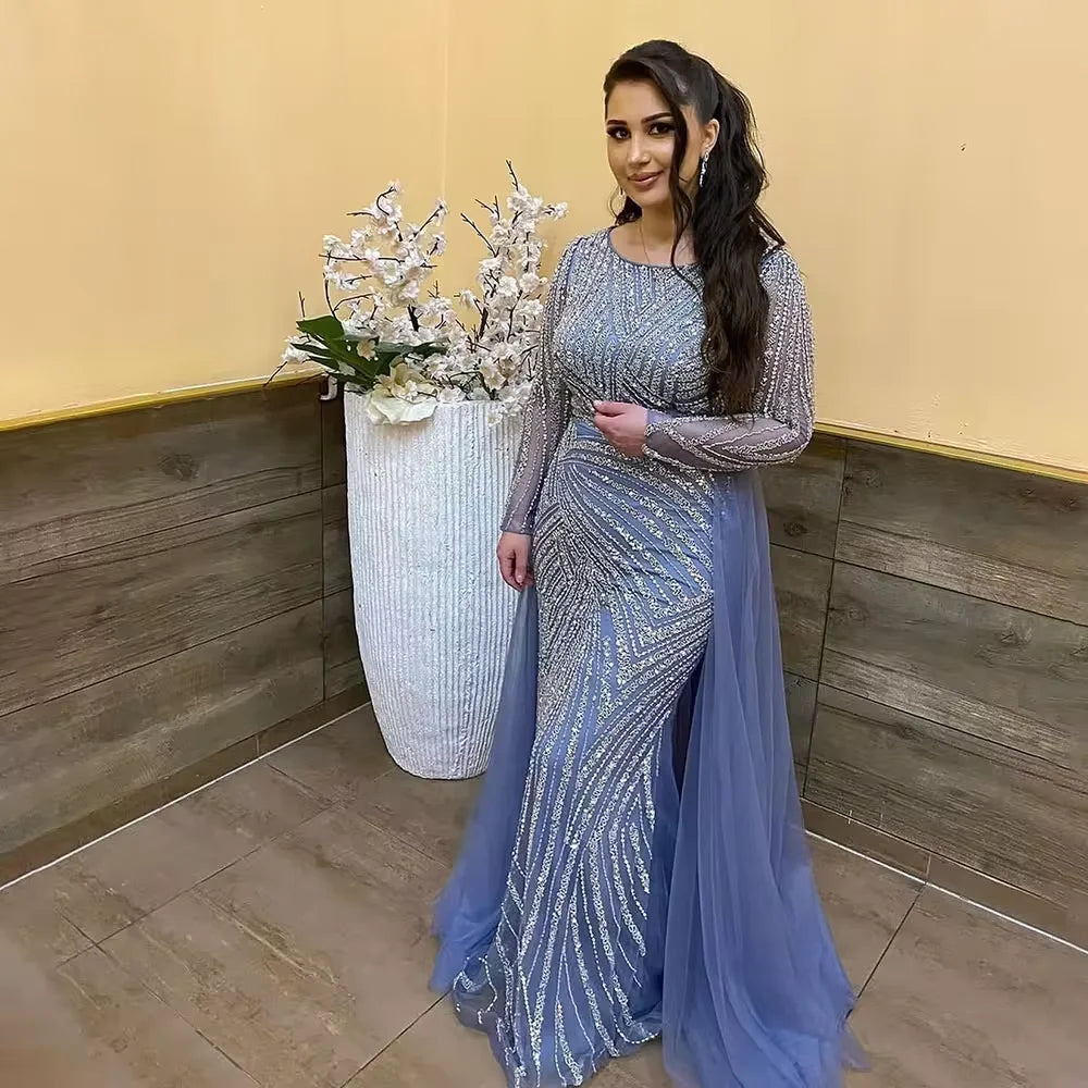 Serene Hill Customized Blue Grey V-Neck Mermaid Beaded Overskirt Evening Dresses Elegant Party Gowns For Women DLA71750