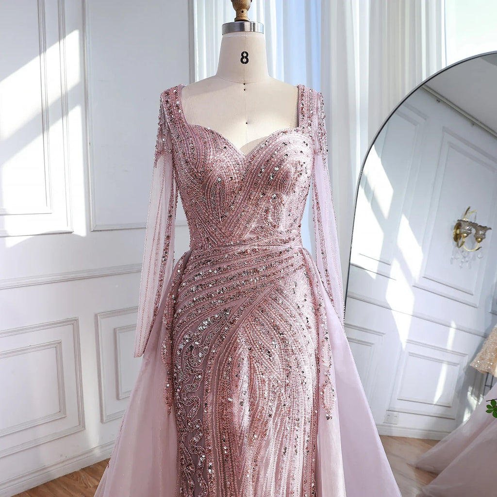 Serene Hill Black Long Sleeves Luxury Beaded Evening Dress Overskirt Formal Party Gowns for Women DLA73198 Customized