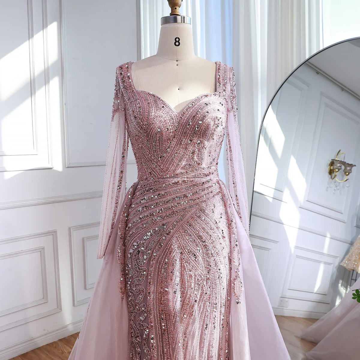 Serene Hill Black Long Sleeves Luxury Beaded Evening Dress Overskirt Formal Party Gowns for Women DLA73198 Customized