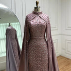 Serene Hill Pink Long Sleeves High Neck Muslim Mermaid Beaded Evening Party Gown Dress with Cape for Women DLA72533 Customized