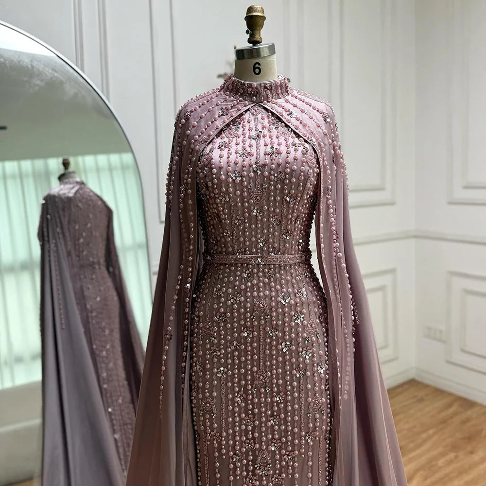 Serene Hill Pink Long Sleeves High Neck Muslim Mermaid Beaded Evening Party Gown Dress with Cape for Women DLA72533 Customized