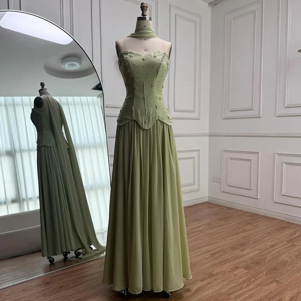 Elegante Verde Salvia   Abito da Sera a Linea A in Chiffon LA73073