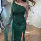 Serene Hill Customized Gold Mermaid Beaded One Shoulder Cape Sleeve Evening Dresses Split Elegant Party Gowns For Women DLA71493