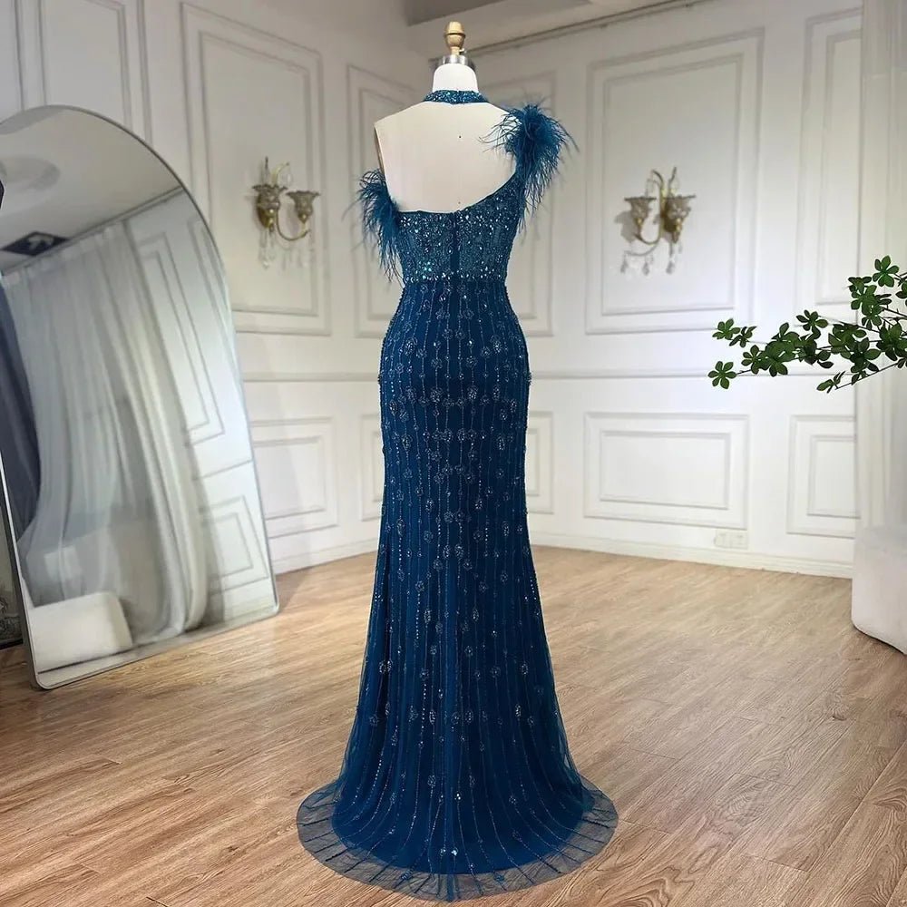 Serene Hill Customized 2025 Gray Halter Feathers Beaded Mermaid High Split Evening Dresses Formal Party Gowns for Women DLA72452