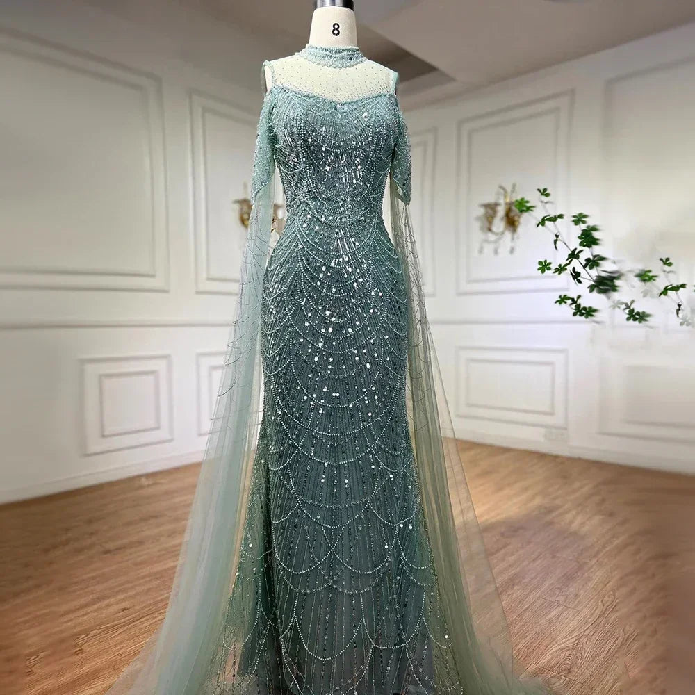 Serene Hill Dubai Purple Mermaid Cape Sleeves Beaded Long Evening Dress 2025 For Formal Occasion DLA71992 Customized