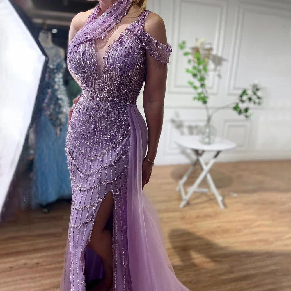 Serene Hill Customized Lilac Halter Mermaid Beaded Formal Evening Dresses Elegant Wedding Party Gowns for Women DLA71778A