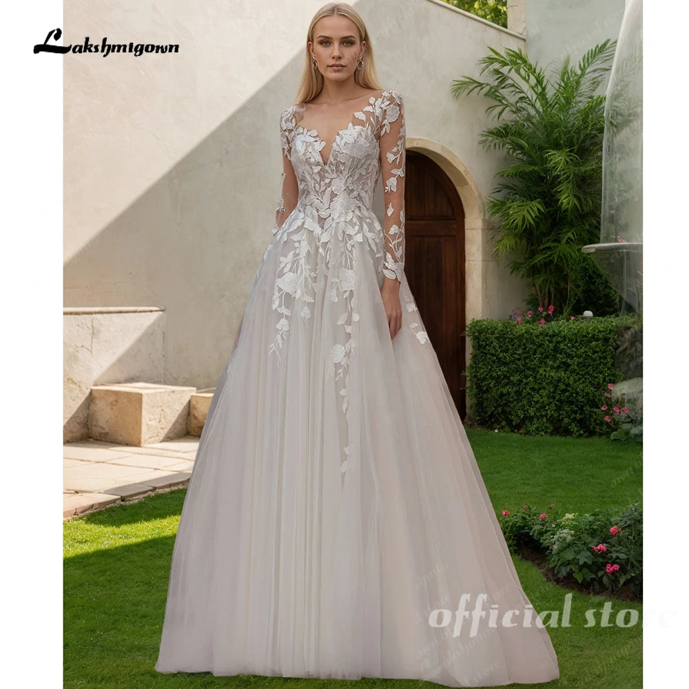 Lakshmigown O-Neck Long Sleeves Wedding Dress 2026 A-Line Tulle Illusion Back Bride Gowns Applique Customized Vestido De Noiva