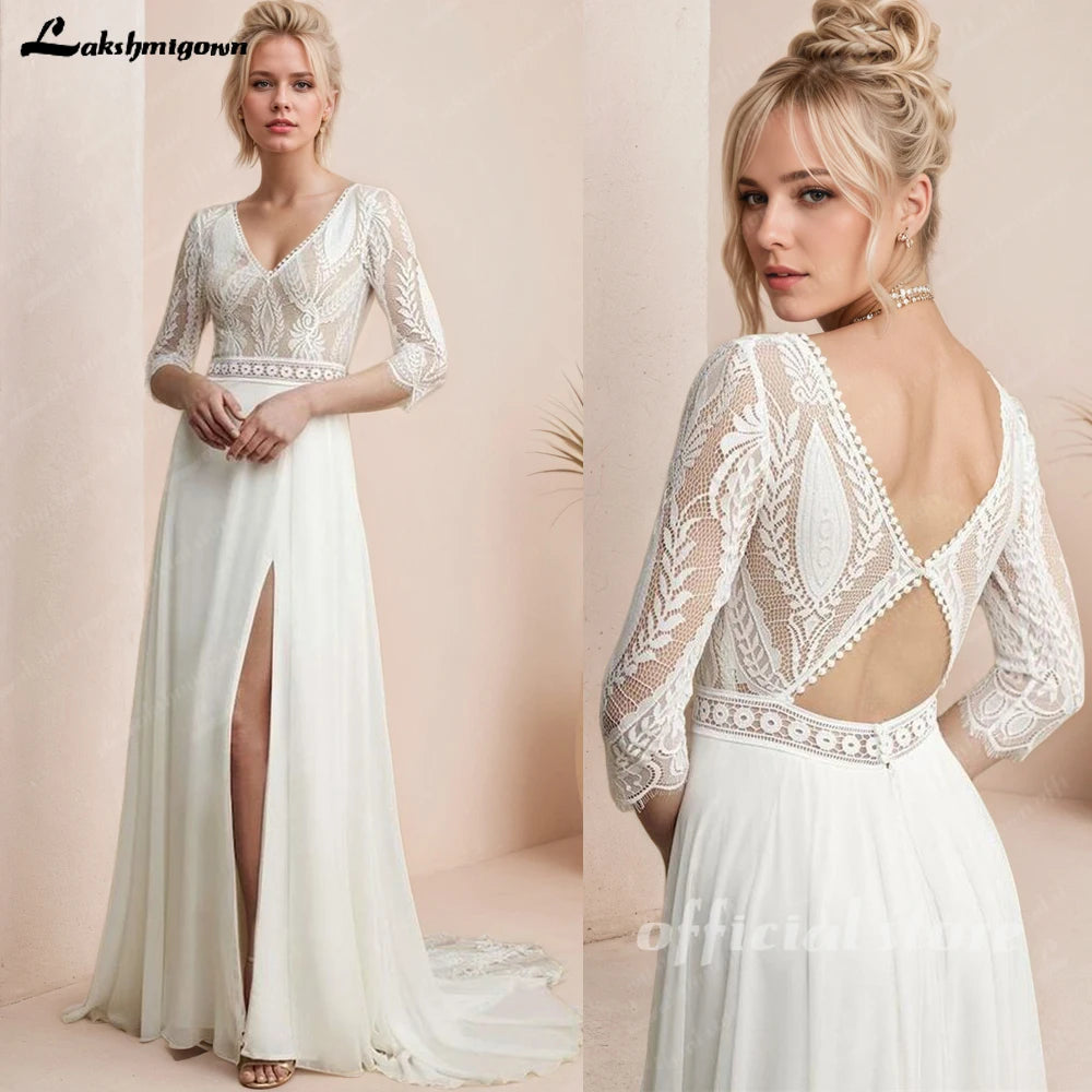 Lakshmigown Sexy Women Beach Bohemian Wedding Dresses 3/4 Sleeves Civil Chiffon Long Boho Bridal Gowns Open Back Customized