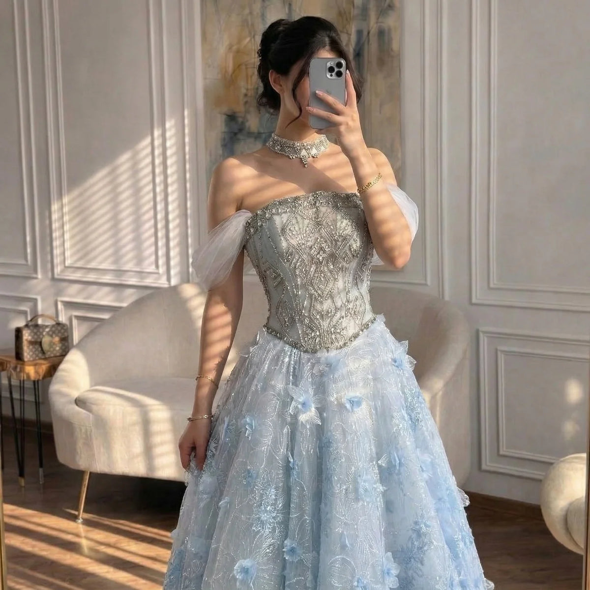 Serene Hill Blue A-Line Evening Dress Beaded 3D Floral Appliques Off Shoulder for Women Wedding Party 2026 Customized DLA73580