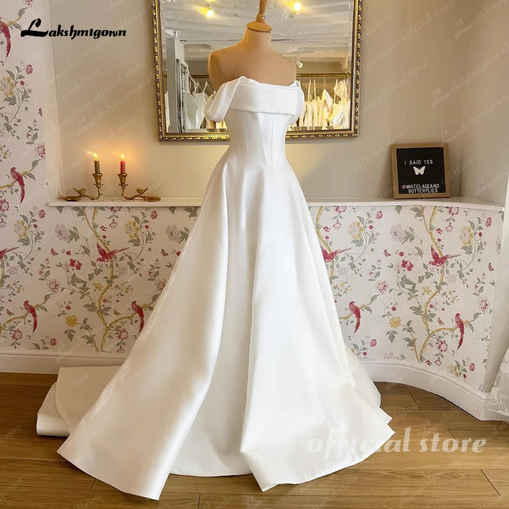 Lakshmigown A Line Women's Wedding Dresses Charming Off Shoulder Bride Gowns Boat Neck Ruched Satin Vestidos Novias Customized