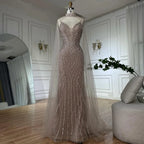 Serene Hill 2025 Customized Dubai Caramel Mermaid Arabic Evening Dresses with Beaded Cape Sleeves for Party DLA72852