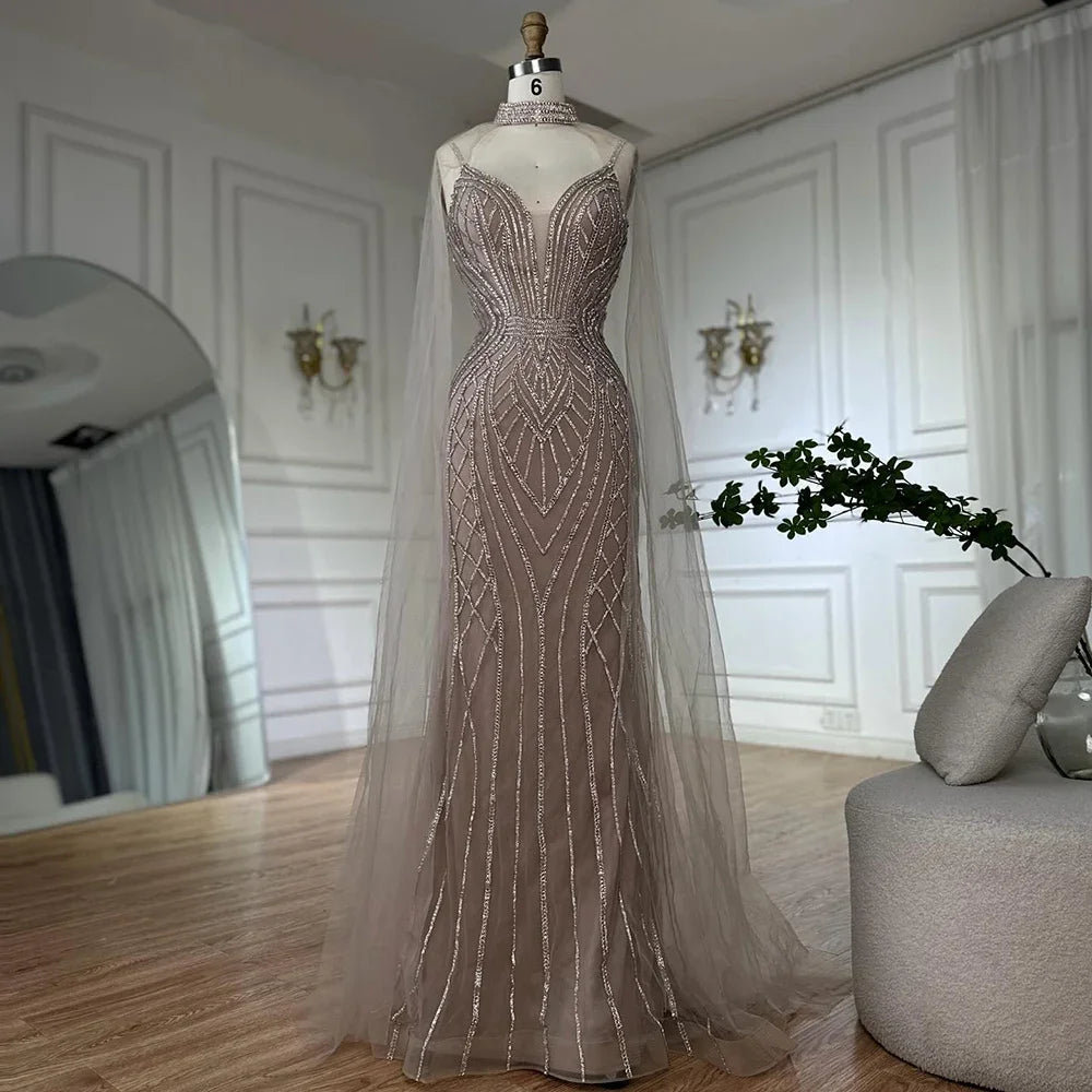 Serene Hill 2025 Customized Dubai Caramel Mermaid Arabic Evening Dresses with Beaded Cape Sleeves for Party DLA72852