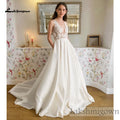 Lakshmigown Sleeveless Lace A‑Line Wedding Dress Deep V‑Back Satin Bridal Gown With Pockets Customized