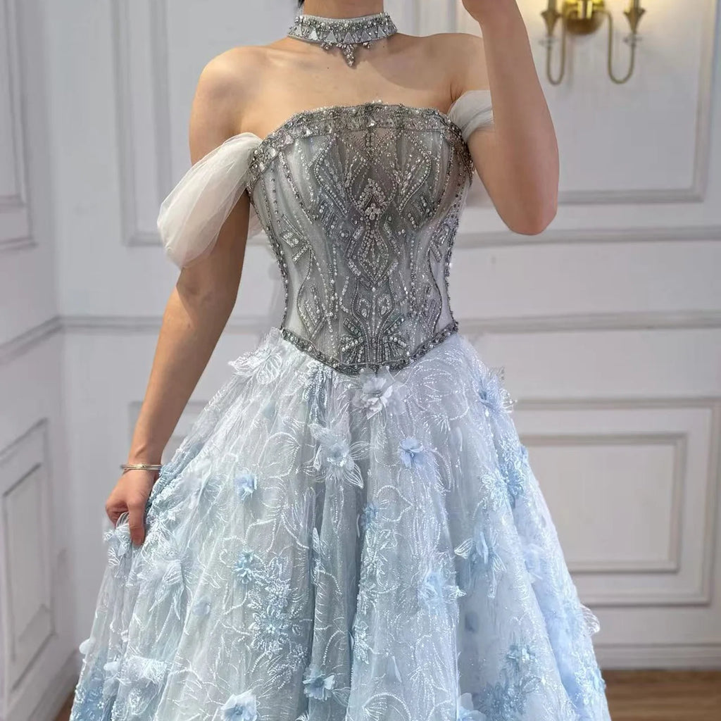 Serene Hill Blue A-Line Evening Dress Beaded 3D Floral Appliques Off Shoulder for Women Wedding Party 2026 Customized DLA73580