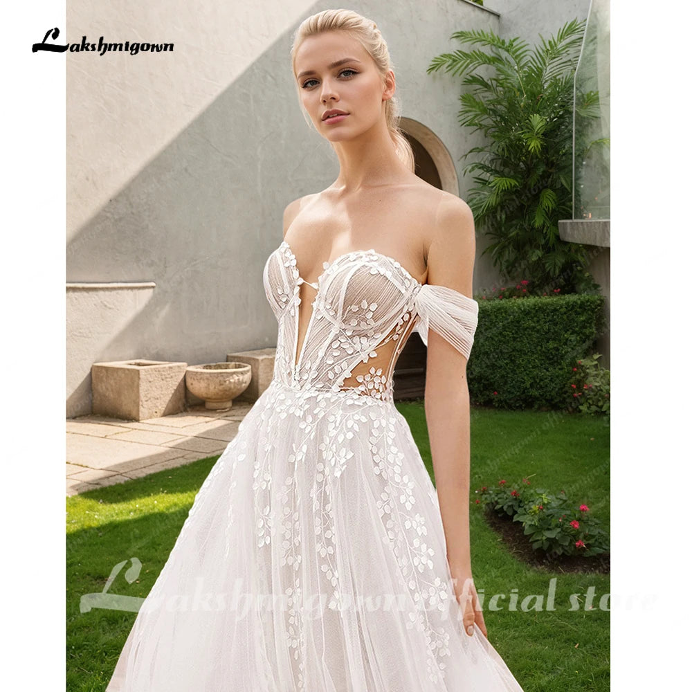 Lakshmigown Lace Boho Wedding Dress Off the Shoulder Customized Civil Bridal Beach Wedding Gowns Detachable Sleeves