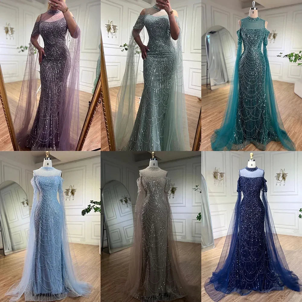 Serene Hill Dubai Purple Mermaid Cape Sleeves Beaded Long Evening Dress 2025 For Formal Occasion DLA71992 Customized