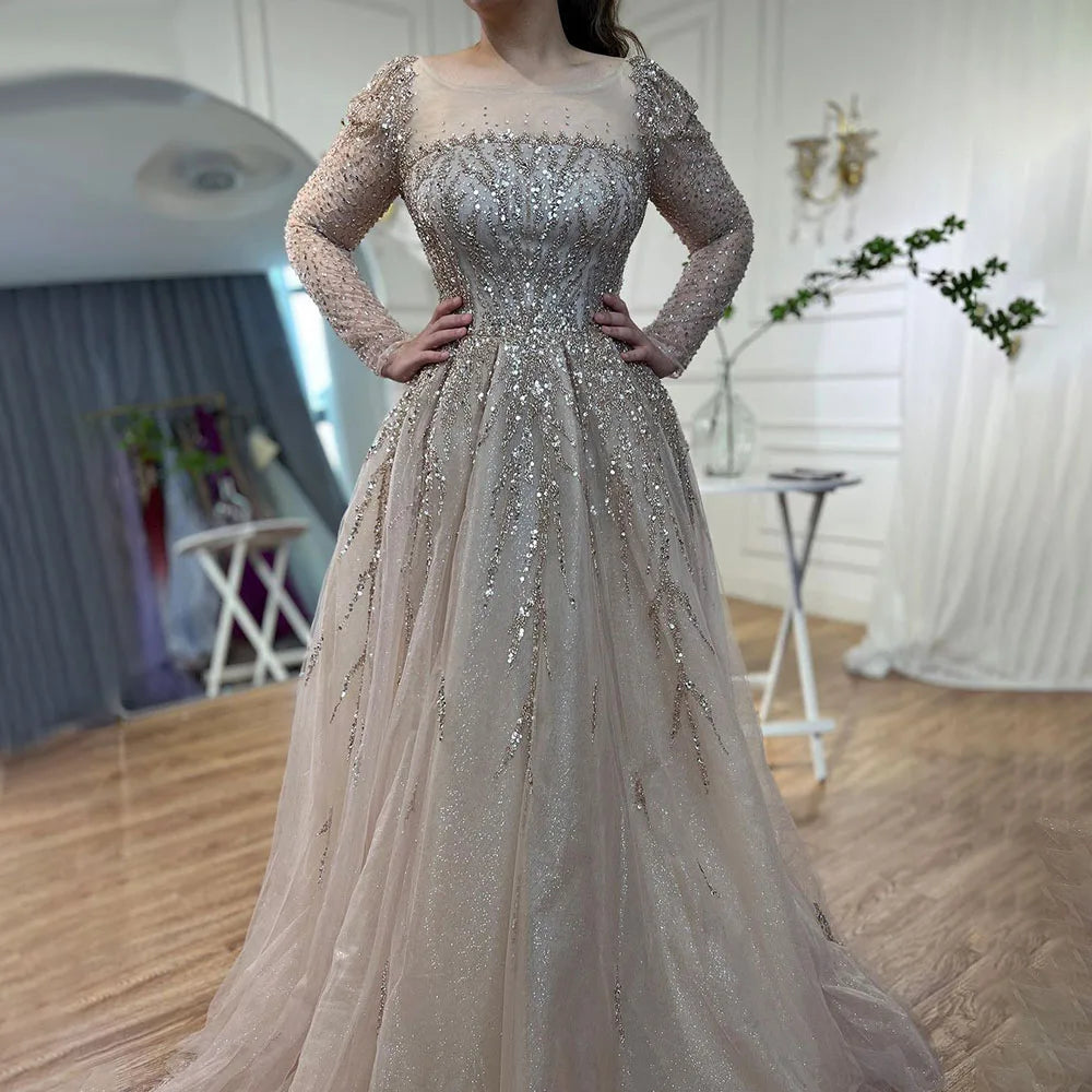 Serene Hill Customized Pink Long Sleeves A Line Beaded Dubai Evening Dresses Party Gowns 2025 For Women Wedding DLA71915